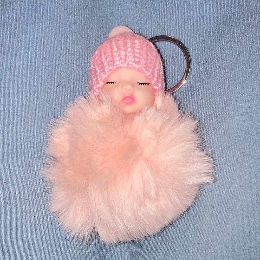 Pink Fluffy Pom Pom Sleeping Baby Baby Doll Keychain/Bag Charm - Picture 1 of 3